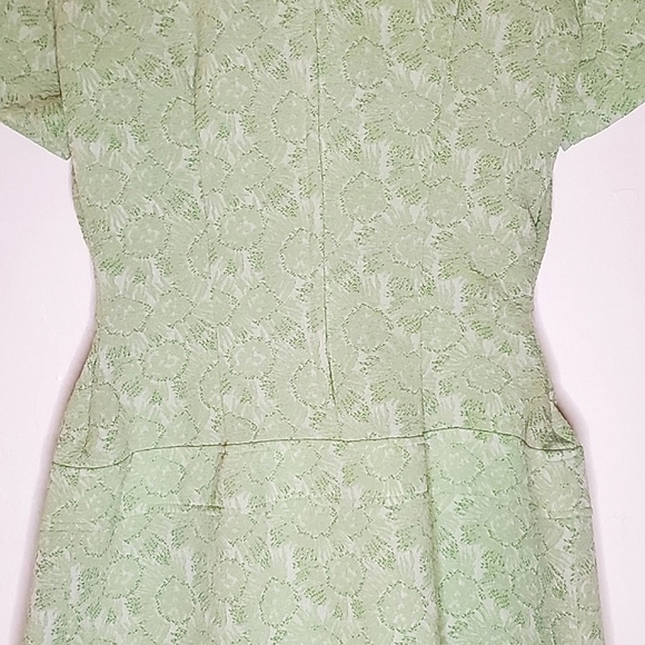 Mossy Mod Light Green Brocade Short-Sleeve Mini Dress with Pleats & Pocket - Picture 7 of 14